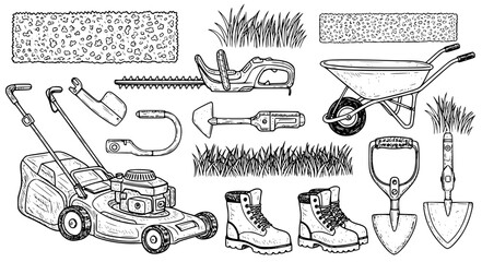 Hand drawn vintage lawn care icon set featuring lawn mower wheelbarrow hedge trimmer work boots shovels and grass vector. © Kulsum