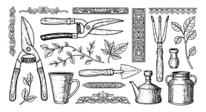 Vintage hand drawn garden tool icon set featuring garden shears pruning scissors trowels rakes and rustic metal containers vector.