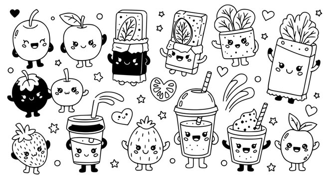 Cute Kawaii Healthy Food Character Vector Set Featuring Smiling Apple Strawberry Smoothie Cups and Protein Bar Icons with Whimsical Hearts and Stars for Kids Nutrition Design