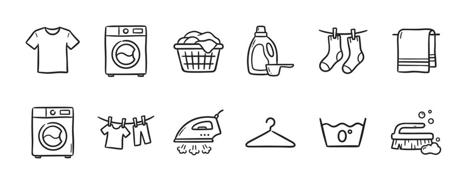 A clean line drawing collection of essential laundry and household icons, including washing machine, iron, and clothesline, perfect for design projects.