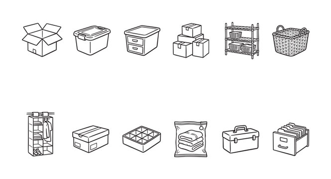 A collection of hand-drawn line art illustrations depicts various storage solutions like boxes, baskets, shelves, and organizers, ideal for home organization and decluttering themes.