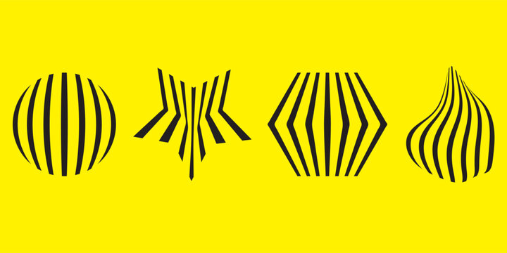 Abstract Black Striped Geometric Shapes On Bright Yellow Background &mdash; Optical Illusion Graphic Design Set