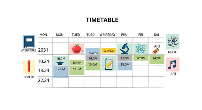 Timetable schedule template, daily planner icons, vector illustration, colorful design