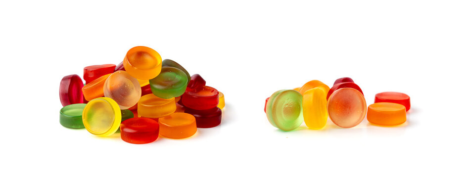 Round gummy candy pile isolated. Chewing colorful marmalade pills, jelly gumdrops heap