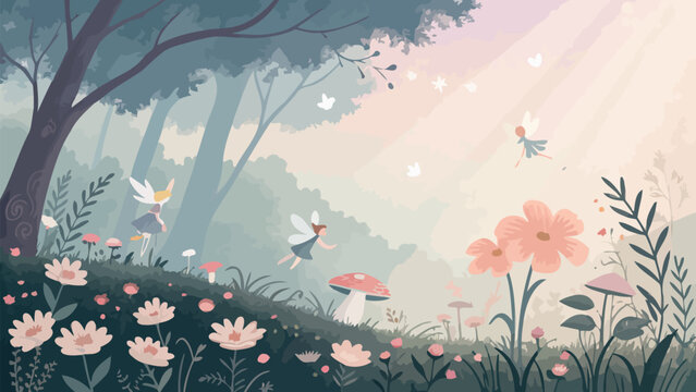 Enchanted forest landscape with cute fairies, magical mushrooms, and blooming flowers in a soft pastel color palette, whimsical vector illustration