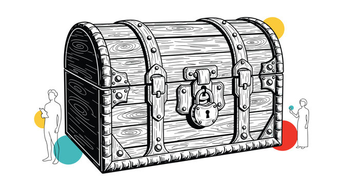 Detailed vintage wooden treasure chest sketch with metallic locks and hinges featuring colorful background elements.