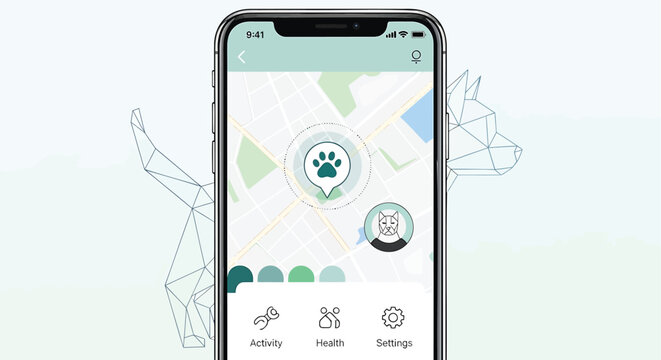 Mobile pet tracking app, GPS smartphone screen, pet care technology, smart pet map
