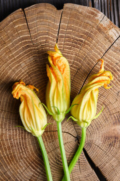 Overhead zucchini blossoms placed on tree trunk wooden surface. Fresh edible flowers with natural rustic texture and organic look