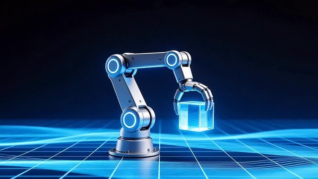 Robot arm holding transparent cube