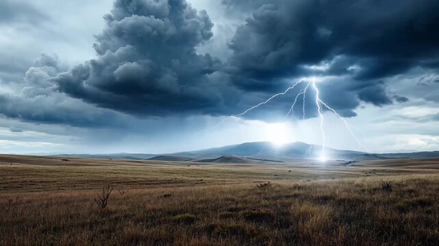 Dramatic lightning strikes over open field under dark storm clouds.