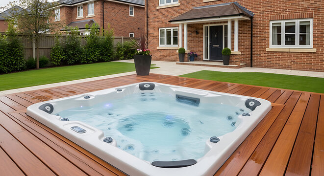 Modern Hot Tub Built into Luxury Wooden Decking in a Landscaped Residential Garden