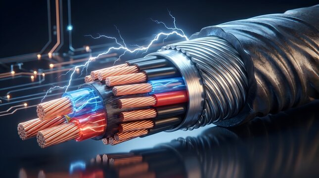 Cable showing intricate copper wiring and insulated strands glows with electrical energy to symbolize advanced power transmission and technology.