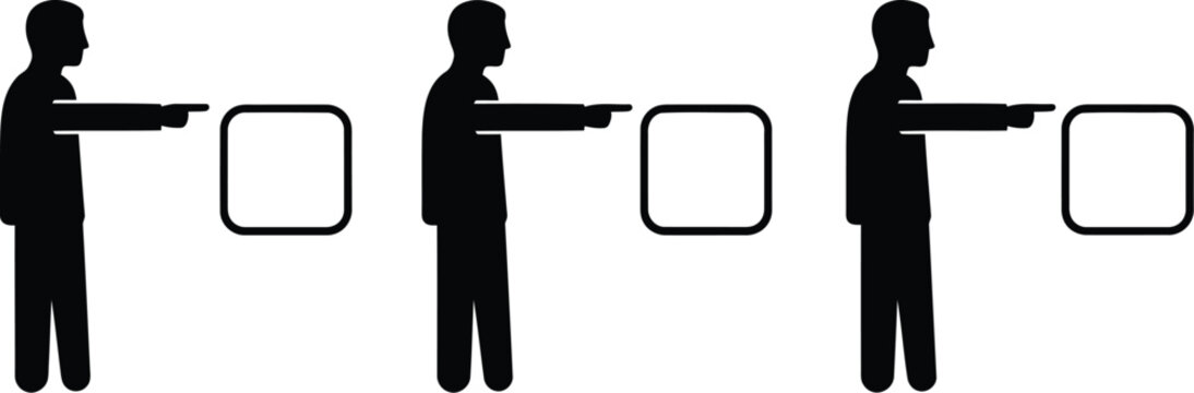 Silhouette people pointing, black icons, pointing hands, gesture graphics, vector illustrations