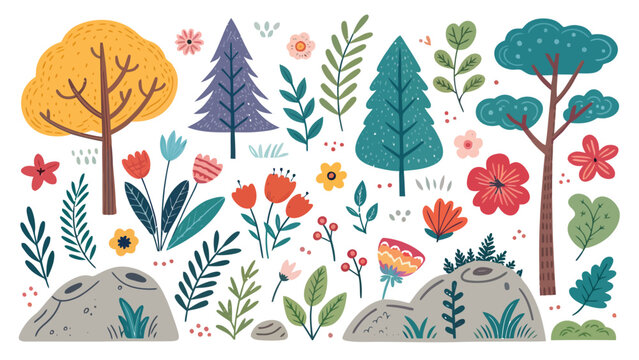 Set of handdrawn forest elements including trees, flowers, rocks, and various plants