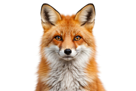 Close up portrait of a wild red fox head with expressive orange eyes on white background
