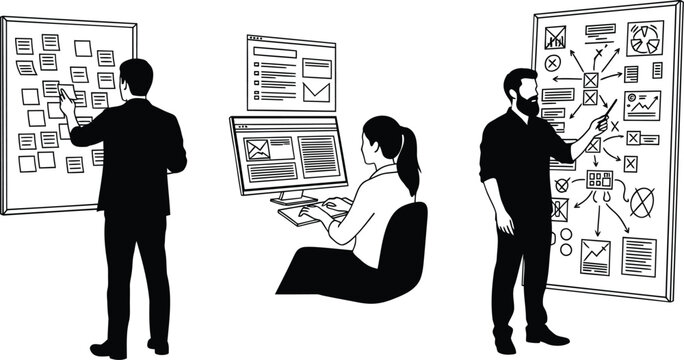 Business strategy, workflow planning, office collaboration, infographic elements, vector icons