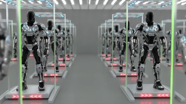 Humanoid robot factory tech bg move camera endless 4k