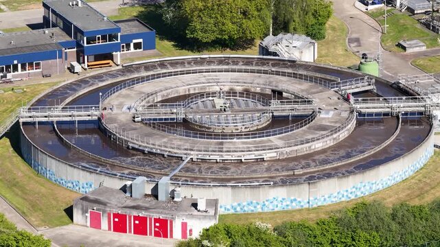 Wastewater treatment plant purifying sewage in circular tank