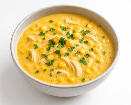 A close up view of a bowl of creamy chicken and corn chowder soup.