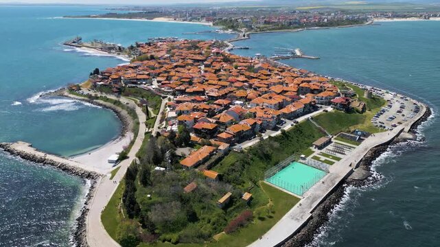 Aerial panoramic view of Old Town Nessebar on a peninsula in the Black Sea