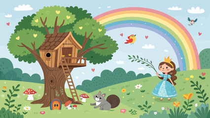 Naklejka premium Cute princess in a fairy tale forest with a treehouse, rainbow, and squirrel, whimsical cartoon illustration for childrens book or nursery decor