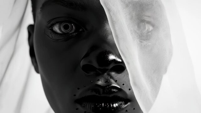 Closeup of a persons face with fabric highlighting geometric patterns and contemporary art