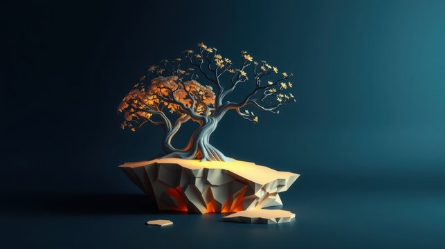 Stylized tree grows from floating rock formation. Dramatic lighting creates warm, cool contrast. Minimalist scene, digital art.