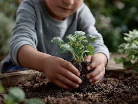 Joyful Child Gardening on Arbor Day with Soil and Plants