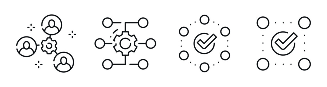 Icons illustrating workflow nodes and validation in network. Editable stroke