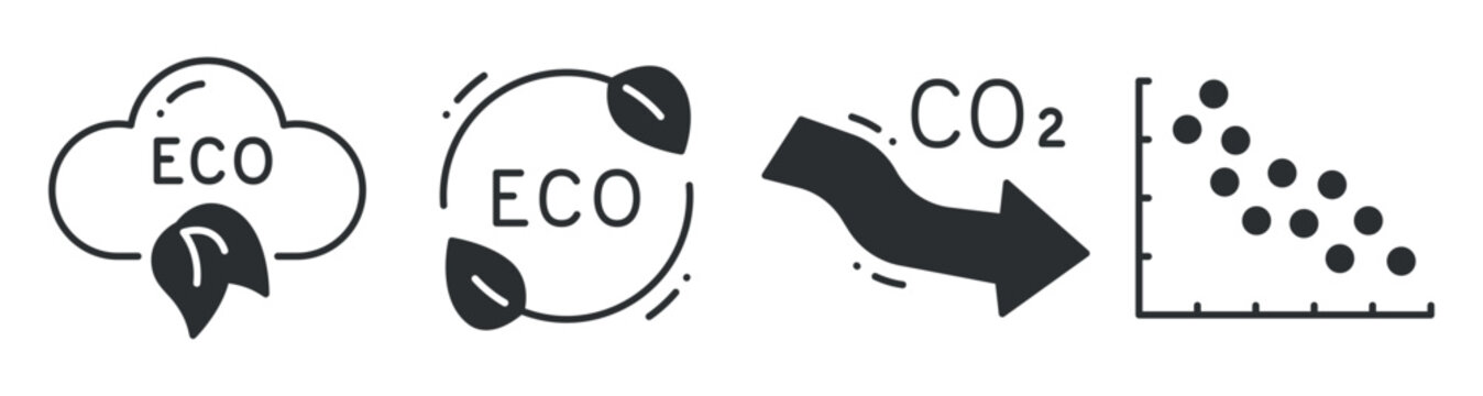 Eco symbols showing carbon reduction and sustainability concepts. Editable stroke