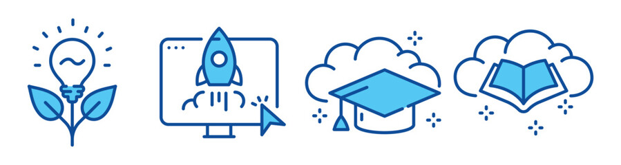 Naklejka premium Education icons depicting growth and launch in cloud setting. Editable stroke