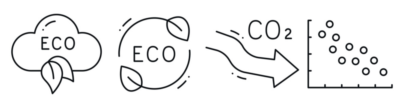 Eco and co2 icons indicating reduction and environmental data. Editable stroke