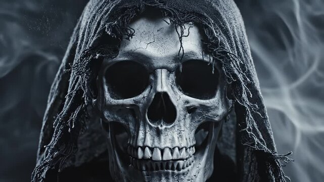 Skull wearing a tattered hood highlighting geometric patterns and contemporary art