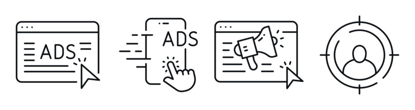 Digital advertising and targeting icons for online campaigns. Editable stroke