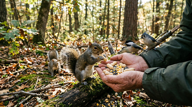 A person feeding a squirrel in a forest with trees and leaves on the ground and hands.