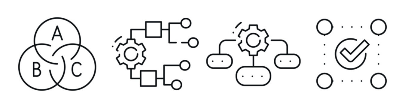 Diagram icons illustrating process mapping and validation. Editable stroke