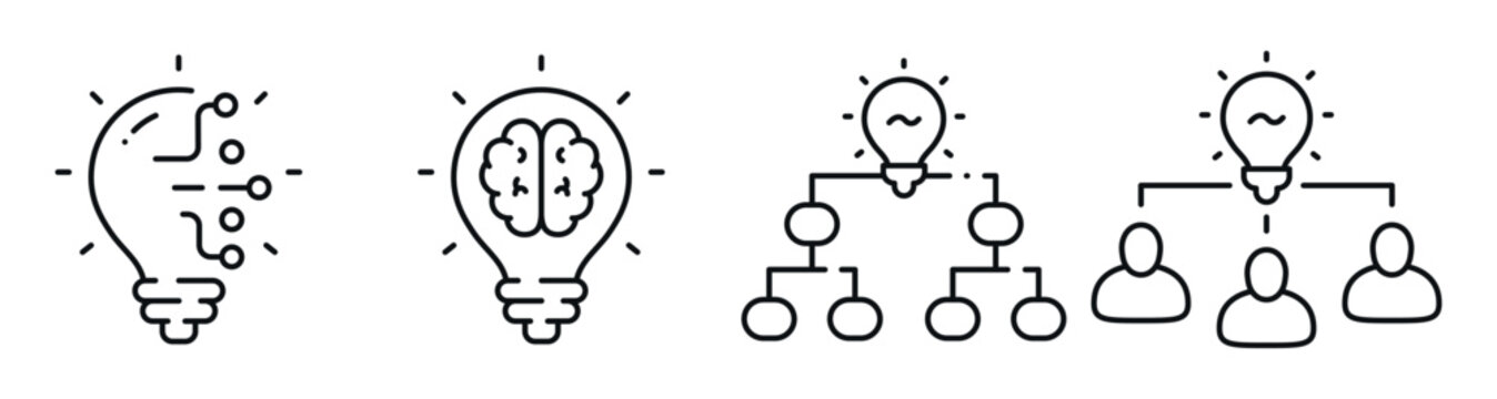 Idea and innovation icons showing conceptual and organizational thinking. Editable stroke