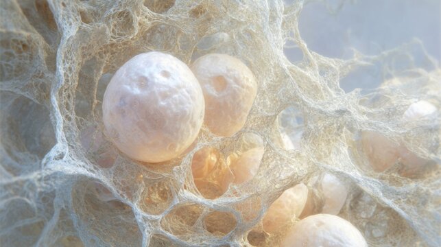 Cells in a network showing spherical structures under light in a lab setting