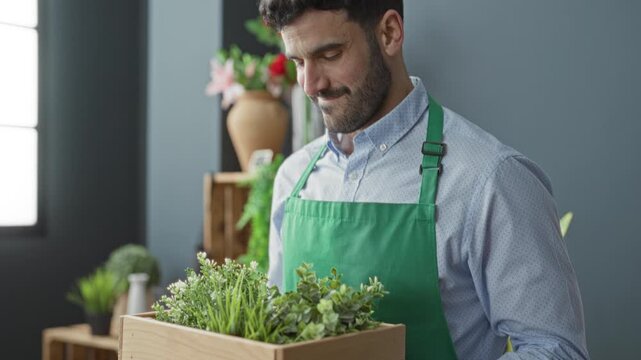 Man florist holding a wooden crate of potted plants and smiling while wearing a green apron in studio; cheerful service.
