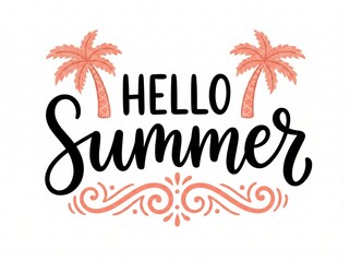 Obraz premium Hello summer text with palm trees and decorative elements on white background.