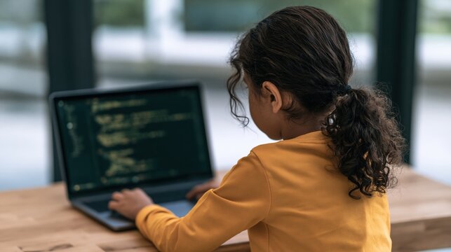 A young girl with curly hair tied back is focused on coding on a laptop at a wooden table in a bright, modern indoor space.