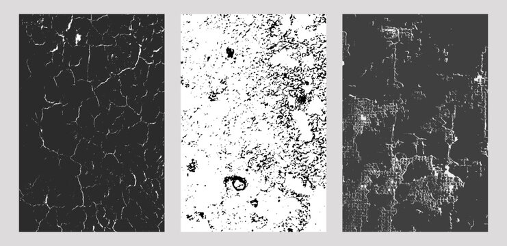 Set of three rectangular panels with cracked and weathered textures fine white cracks on dark, speckled corroded surface, and grid-like distressed background, abstract design elements