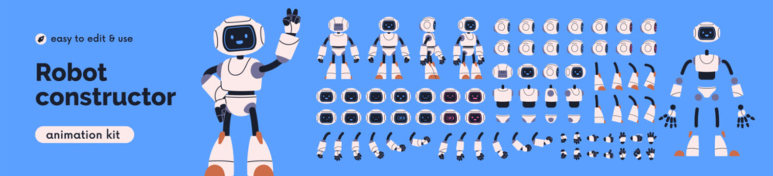 Android robot constructor, bot character, animation kit with head, face expressions, hand gestures, arms, legs actions. AI machine, computer body parts and elements set. Flat vector illustration