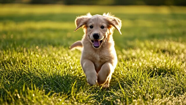 Golden Retriever Puppy Running in Grass ideal for travel vlogs and eco-friendly campaigns