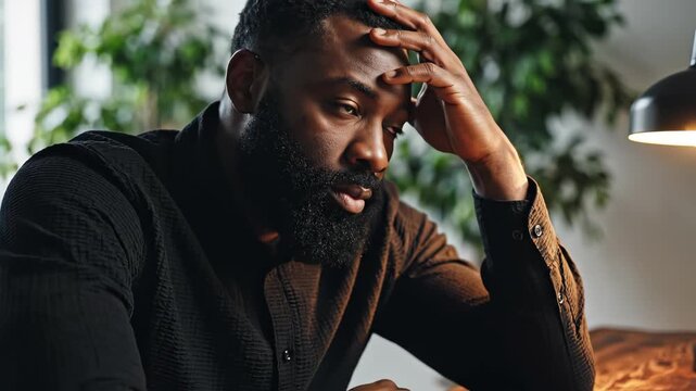 man with hand on head at desk highlighting geometric patterns and contemporary art