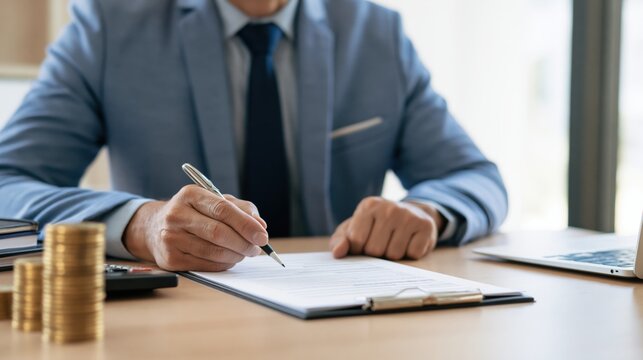 A businessman in a suit signs a document at a desk with stacks of coins and a laptop nearby.