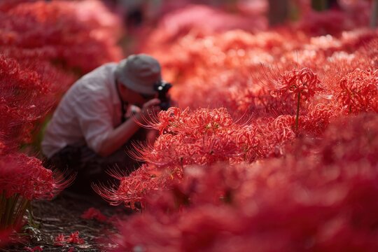 Person kneeling to photograph lycoris flowers at ground level, camera close to petals