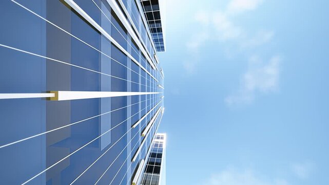 3D rendering of skyscraper with glass facade reflecting sky. Copy space for advertising or branding. Forward motion, highlighting real estate investment, corporate business and urban development.