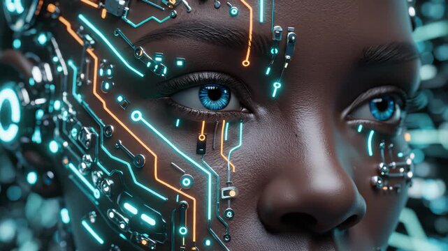 Cybernetic face with glowing circuits emphasizing advanced technology and cybersecurity