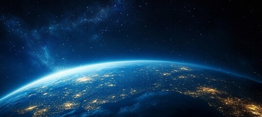 Fototapeta premium Stunning Aerial View of Earth at Night Featuring Vibrant City Lights Against a Starry Sky Background
